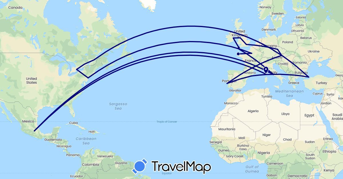 TravelMap itinerary: driving in Austria, Canada, Czech Republic, Spain, France, United Kingdom, Ireland, Italy, Mexico, Portugal, Turkey, United States (Asia, Europe, North America)
